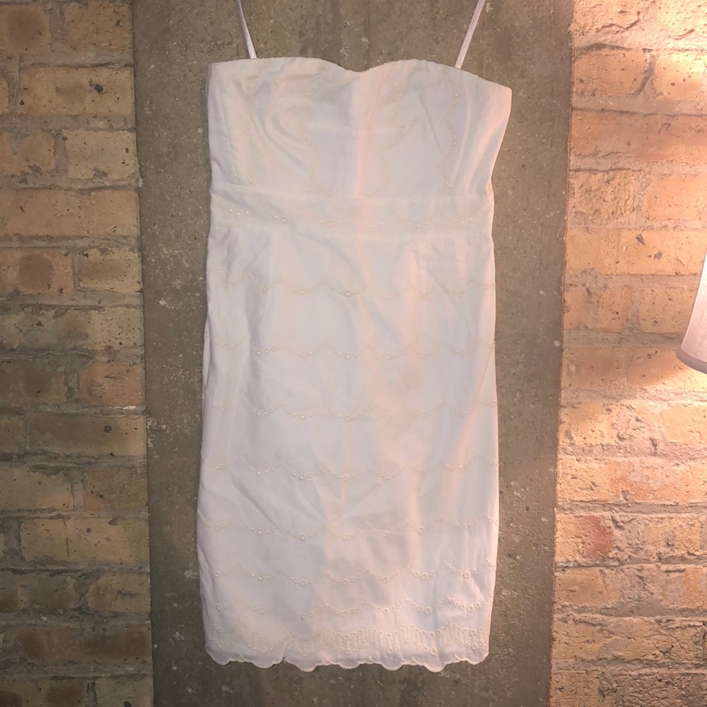 JCrew white strapless dress with yellow polka dots